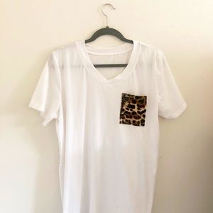 White V-neck Too with Leopard Pocket